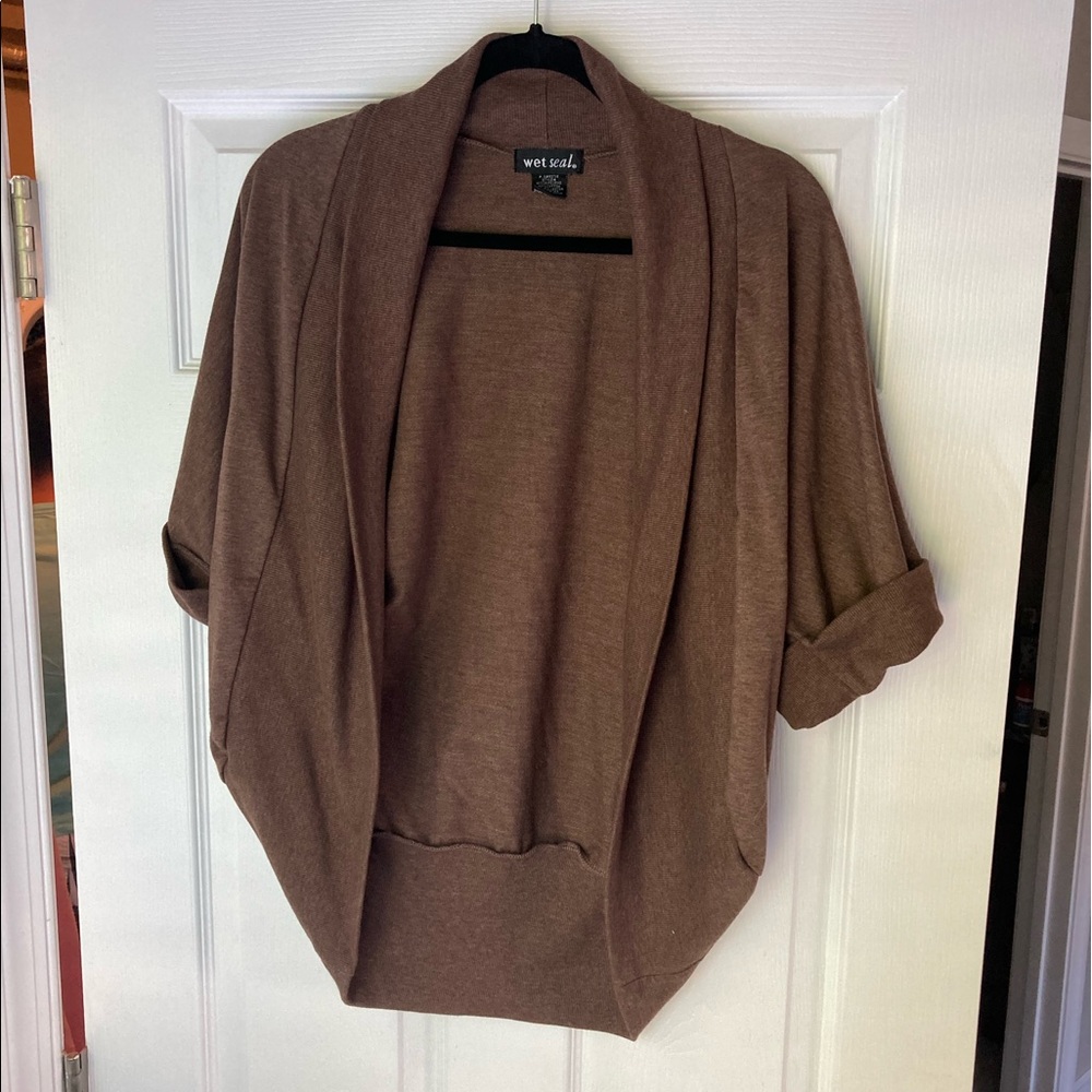 Brown Cotton Blend Cardigan with Button Detail on Sleeve by Wet Seal